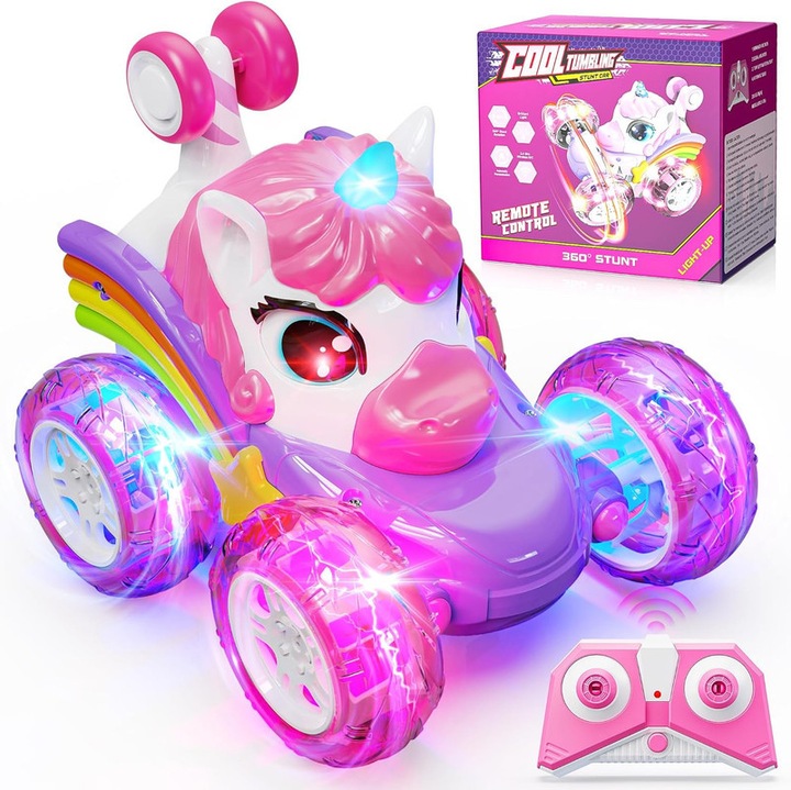 Masina telecomanda Unicorn, 2,4 GHz, rotatie 360°, lumini LED, roz si violet