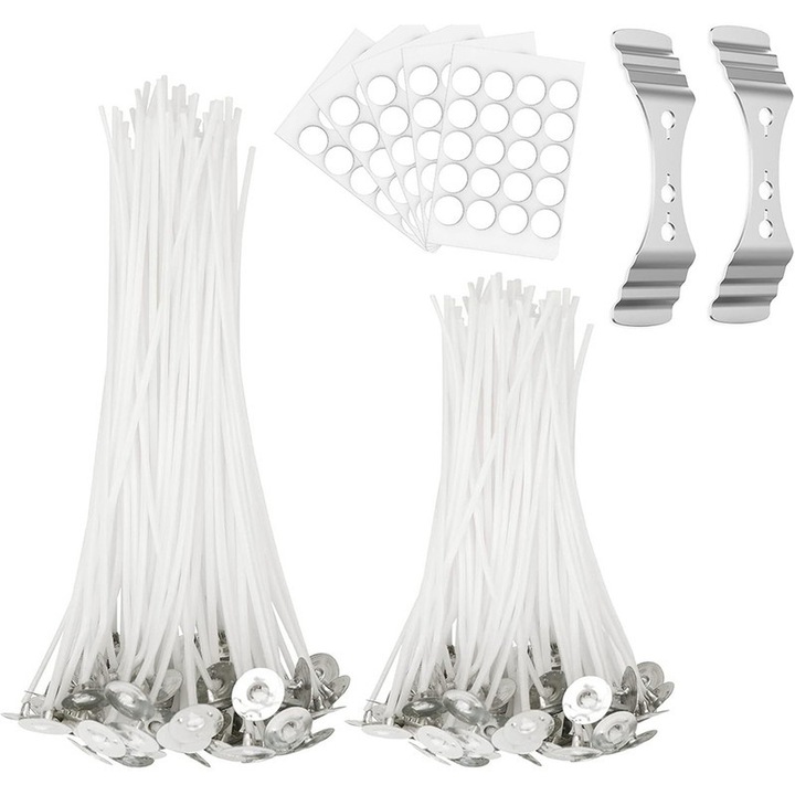 Комплект от 120 фитила за свещи, Направи си сам, памук, 10 см и 15 см, 2 метални поставки, 120 стикера, бял