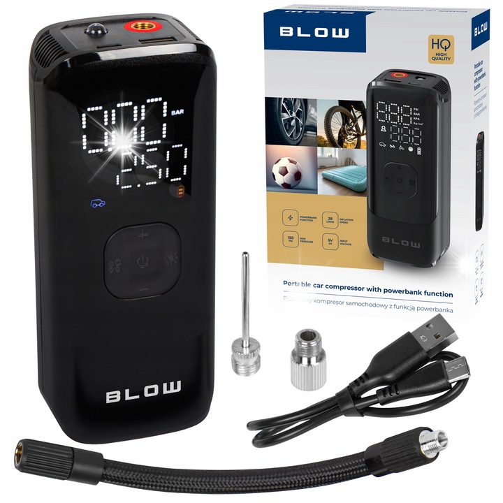 Преносим автомобилен компресор Blow, 12V, 150 PSI, с LED фенер, функция powerbank, 15.3x67x43.5cm