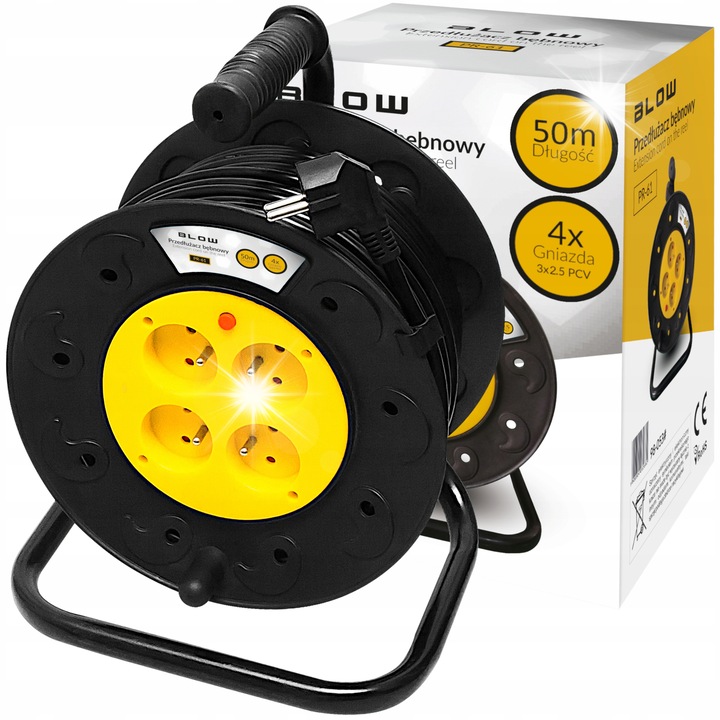 Удължител на макара BLOW 50м, 4 гнезда, 3x2,5мм, черен/жълт