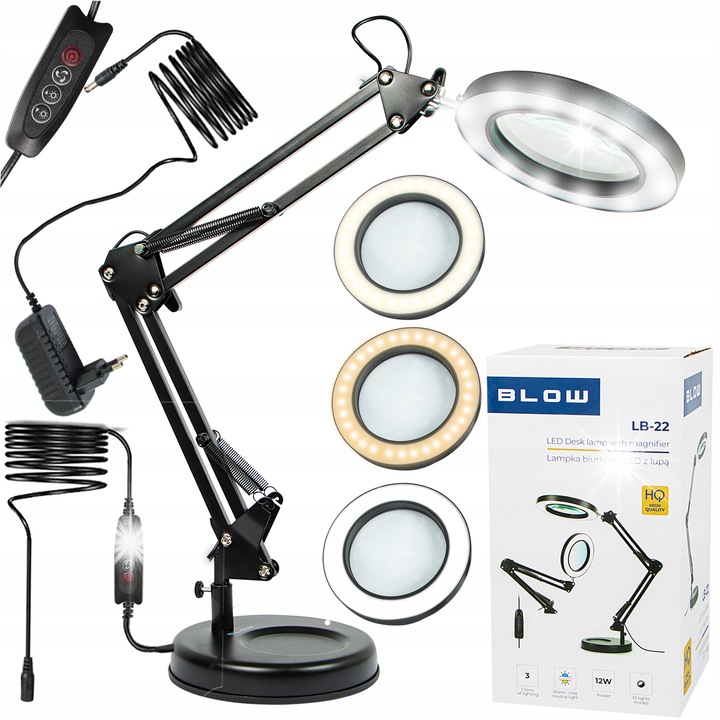 Настолна LED лампа с лупа, BLOW, 3 режима на осветяване, черна, 320см