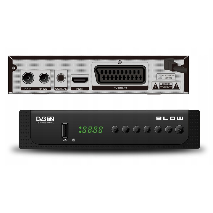 Тунер DVB-T2 BLOW Full HD, H.265 HEVC, USB, HDMI, комплект с батерии за дистанционното