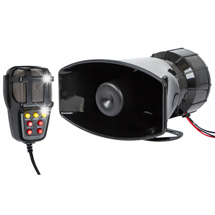 Електронен мегафон със сирена, 100W, 108dB, 7 тона, 12V DC, размери 109x159x169mm, пълен комплект