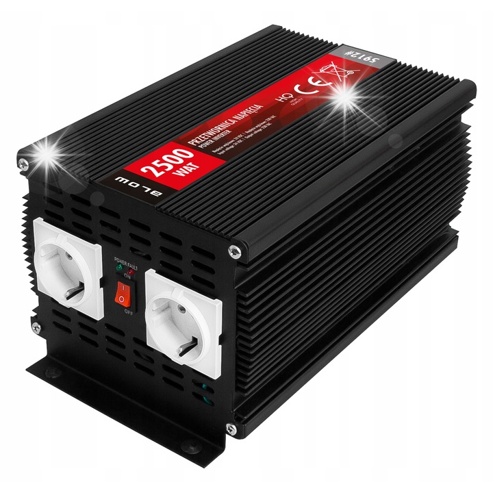 BLOW V5000 2500W, 24V/230V autós inverter, 2 kimenettel, mérete 290x172x140mm