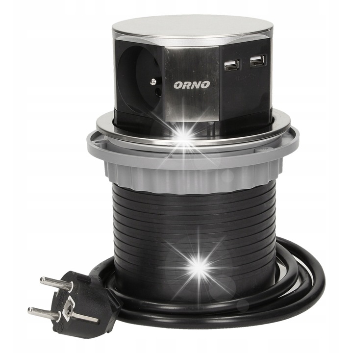 Контакт за плот, 4x16A, ORNO, със зарядно USB, инокс, 115x159,4мм