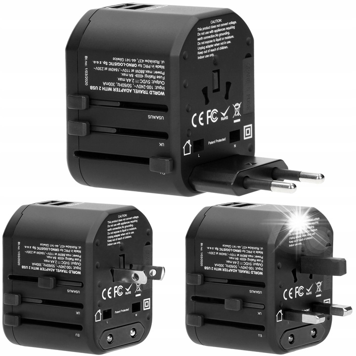 Универсален адаптер за пътуване Virone с 2 USB порта, 100-240V, 5V 2,4A, многоцветен, 55x68x53mm, комплект 1 бр.