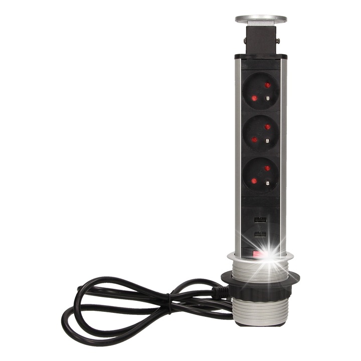 Мебелен контакт, Orno 3x2P+Z с USB зарядно, 6см, 1,8м, сребрист метал, комплект от три