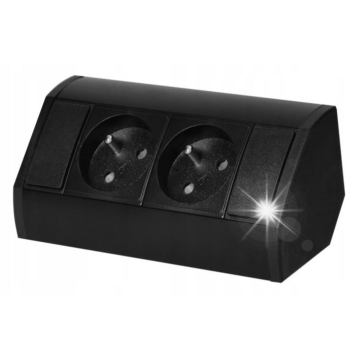 Двоен подложен контакт, ORNO, модел OR-GM-9005/B, 2x 230V, 3680W, черен цвят, размери 15x6,4x6,4см