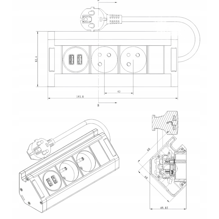 Разклонител ORNO, модел FS-13/B, 2 гнезда тип E, 2 USB, 1,5м, черен, 82.4x193.8x60мм