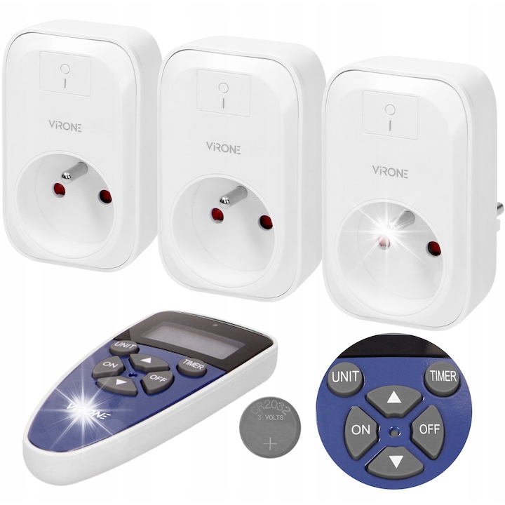 Комплект от 3 безжични захранващи контакта с дистанционно управление и функция таймер, VIRONE, бял, 3680W