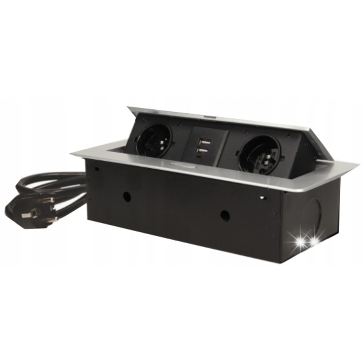 Разклонител ORNO OR-AE-13126/G/3M, 2 контакта 230V, 2 USB порта, 3м кабел, сребрист, 265x130x67мм
