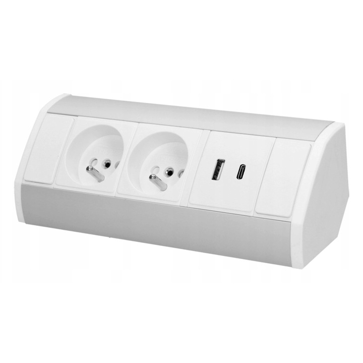 Gniazdo meblowe 2x2P+Z, 2xUSB A+C, alb-silver, 64x199x64mm