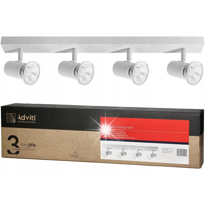 LED лампа 4x E27, Adviti, регулируема, бяла, 630x50x25mm, включен монтажен комплект