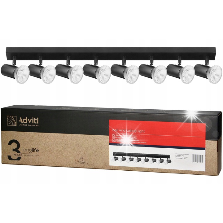 Lampa LED 8x E27, Adviti, регулируема, черна, 750x50x25mm, включен монтажен комплект