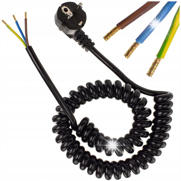 Спирален кабел с ъглов щепсел IP 3x1.5, 2.2м, черен, за електрически уреди