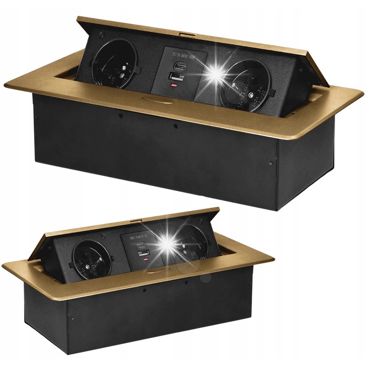 Мебелен контакт за вграждане с USB, OR-GM-9034/C, 2 контакта тип E, 2 USB порта, златен