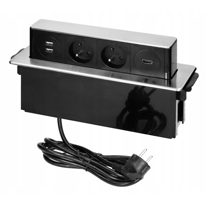 Прибиращ се контакт с 2x230V, 2xUSB, HDMI, черен/сребрист, 273,5x92,5x97,2 мм