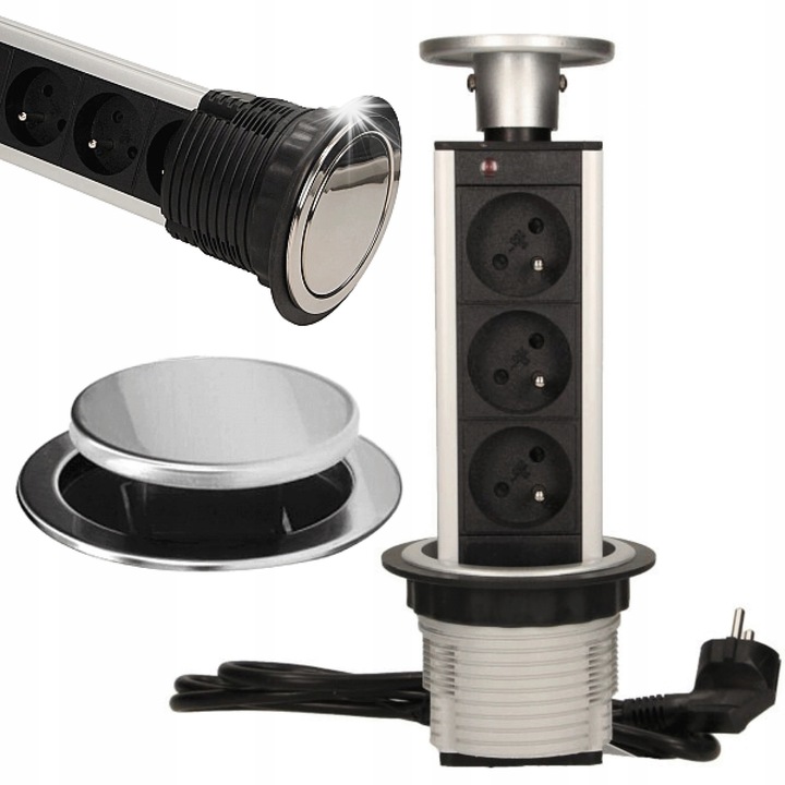 Подвижен мебелен контакт за плот, VIRONE 3x230V, Сребрист, 1.8м