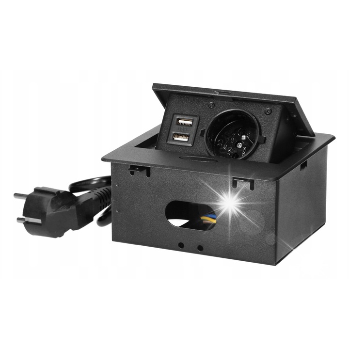 Мебелен контакт за вграждане с 1x2P+Z, 2xUSB, 1,5м, черен