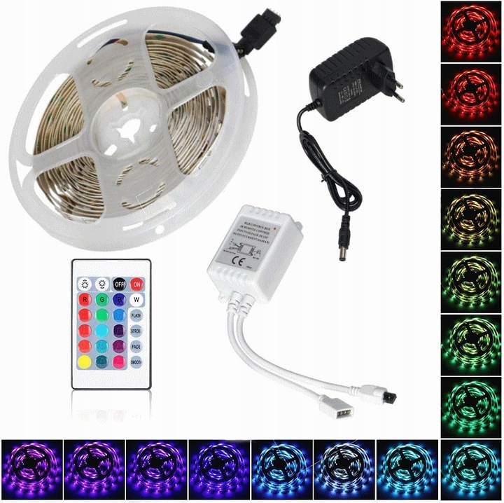 RGB LED лента 5м с контролер и захранване 12V, Virone, 60 LED/м, 8мм