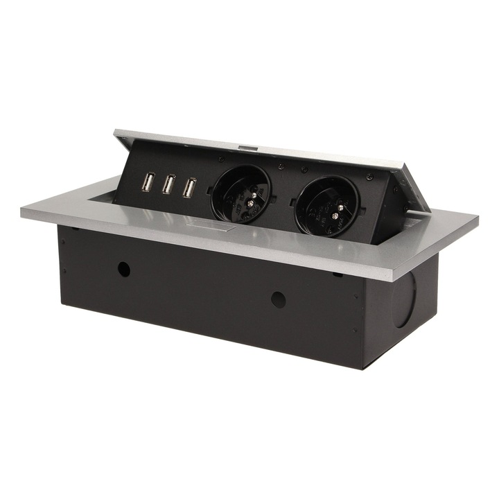 Вграден контакт ORNO, 2x2P+Z, 3 USB порта, сребрист, 265x130x7 мм