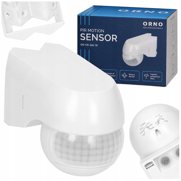 Сензор за движение Orno OR-CR-262/W (PIR детектор) с настройка LUX и TIME, обхват на засичане 12 м, ъгъл 220°, капацитет 1200W (300W LED), повърхностен/ъглов монтаж, IP44, Бял, 1 бр.