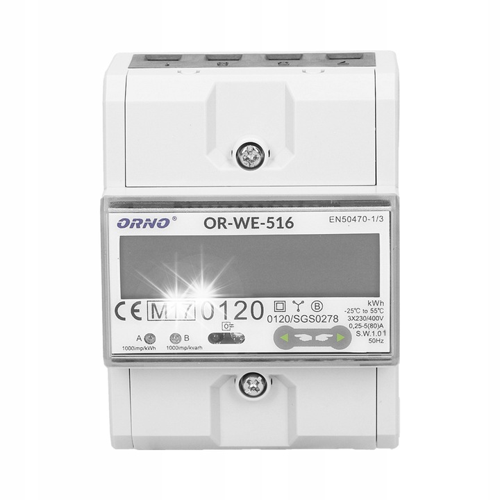 Трифазен електромер, ORNO, 80A, RS-485 порт, MID, 3 модула, монтаж на DIN шина TH-35mm