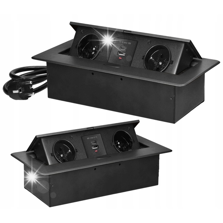 Вграден мебелен контакт с USB и USB-C кутия, OR-GM-9035/GR, 2 контакта тип E, графит, 1,5м