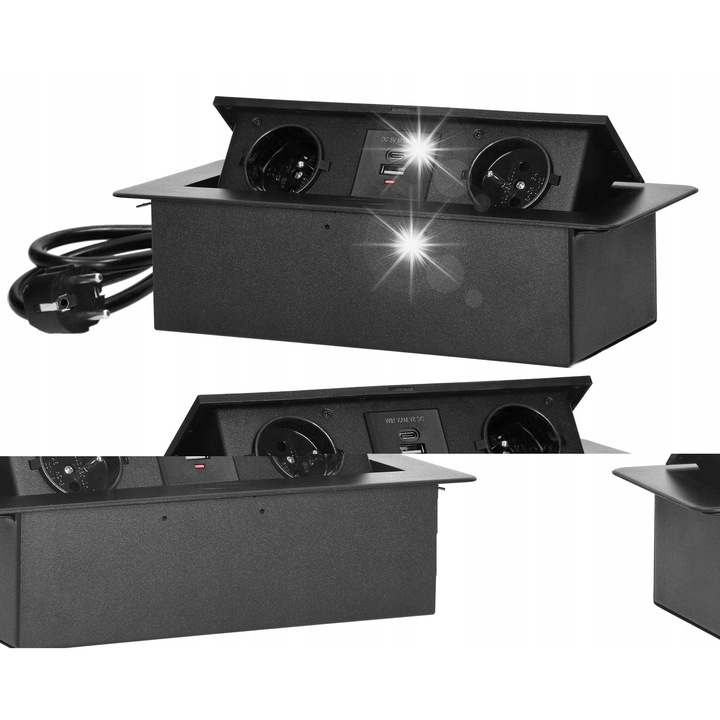 Мебелен контакт за вграждане 2x230V + 2xUSB, OR-GM-9034/B, Черен цвят, Размери 132x265x67,5 мм