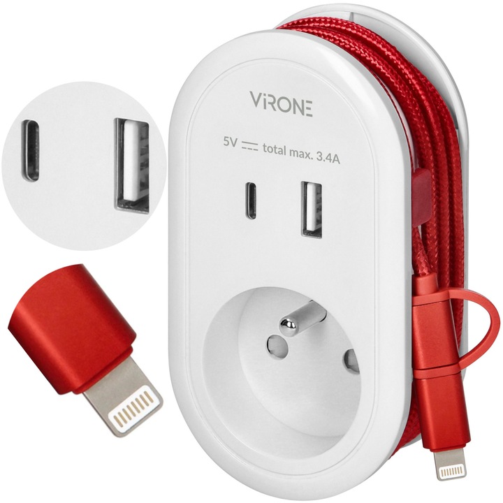 Adaptor de priza Virone CS-2 cu incarcator 3in1 USB A+USB‑C, cablu 2in1 USB‑C/Lightning 0,8m, alb/rosu