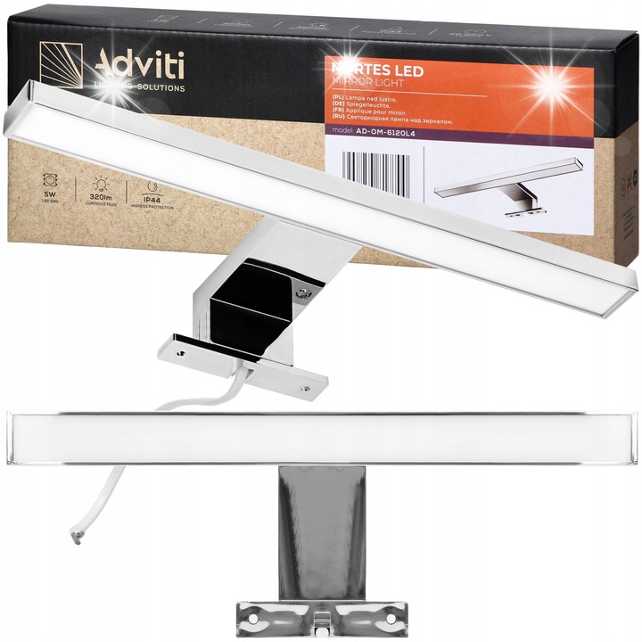 LED лампа 5W 30см, за стенен монтаж, хром, 4 метода за монтаж
