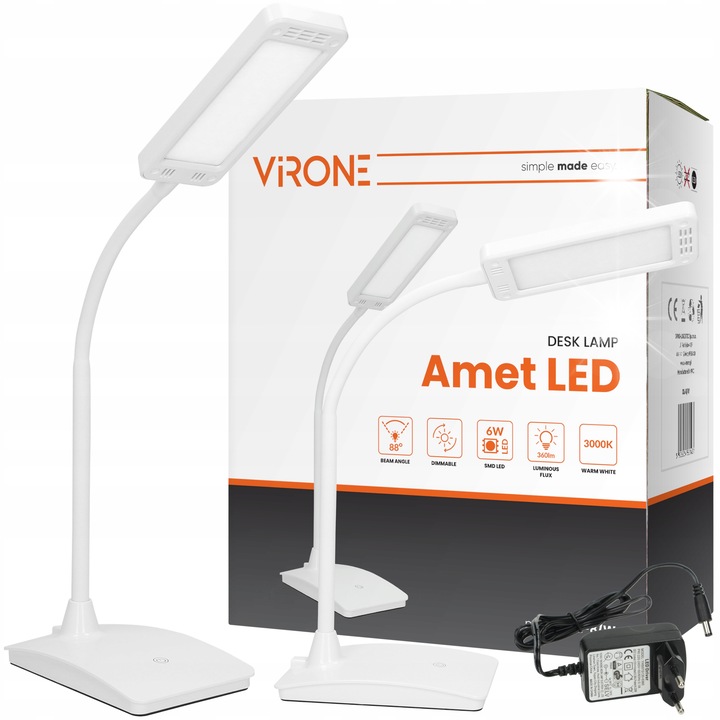 Lampa birou LED Virone, 6W, alb, dimabil, brat flexibil