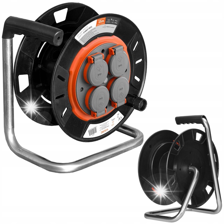 Удължител на макара, 4 контакта, IP44, 25м, 3x1,5мм, черно-оранжев