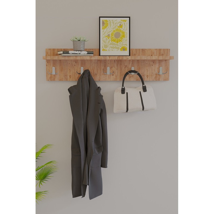 Cuier modern pentru hol cu 5 carlige si raft, DEKORFIM, maro, 70x18cm