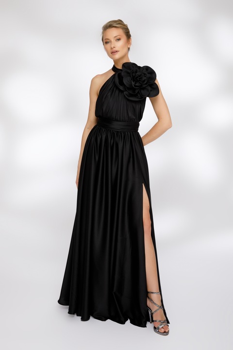 Rochie lunga neagra din satin cu brosa, LXR 103