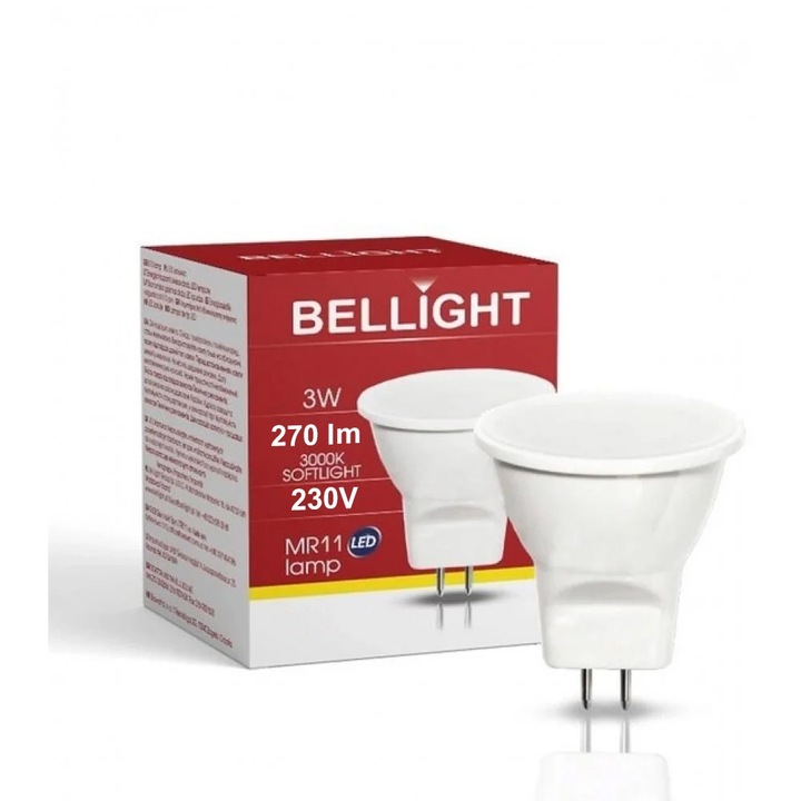 Крушка LED MR11 BELLIGHT 3W 3000K, класическа, цокъл GU5.3, енергийна ефективност клас F