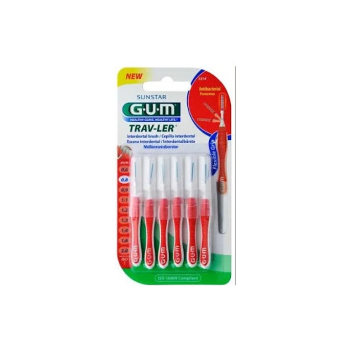 Periuta interdentara GUM Trav-Ler set 6 buc, 0,8 mm, moale, ergonomic, cu capac igienic