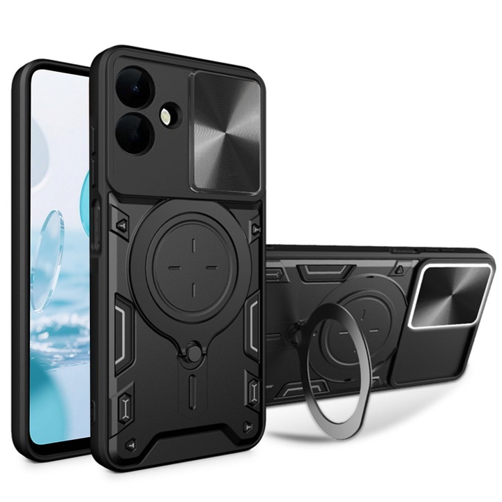 Калъф за Samsung Galaxy A07 4G, CamGuard Pro Kickstand, Плъзгащ се капак за камера, Противоударен, Превъзходна защита, Черен