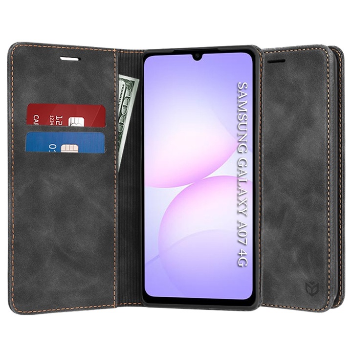 Husa pentru Samsung Galaxy A07 4G DaDen® Tip Carte, Confy Cover, Suport card, Functie de Stand si Inchidere Magnetica, Protectie Sporita, Piele ecologica, Negru