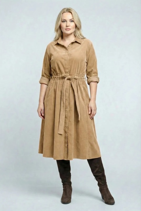 Rochie camasa din catifea reiata cu cordon in talie, bej
