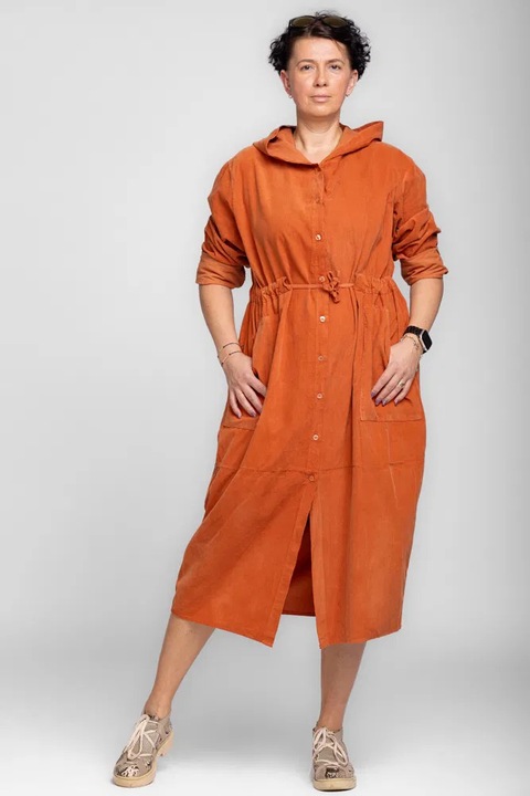 Rochie camasa din catifea reiata cu gluga si siret in talie, caramizie, Caramiziu, One Size