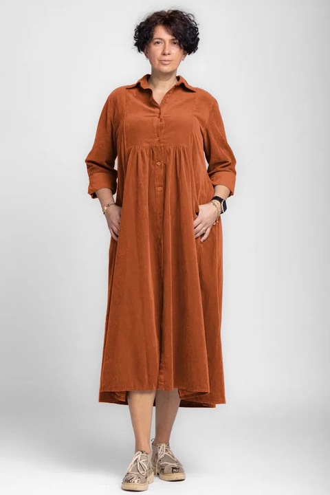 Rochie camasa rosu inchis din catifea reiata, taiata in talie, Caramiziu, One Size