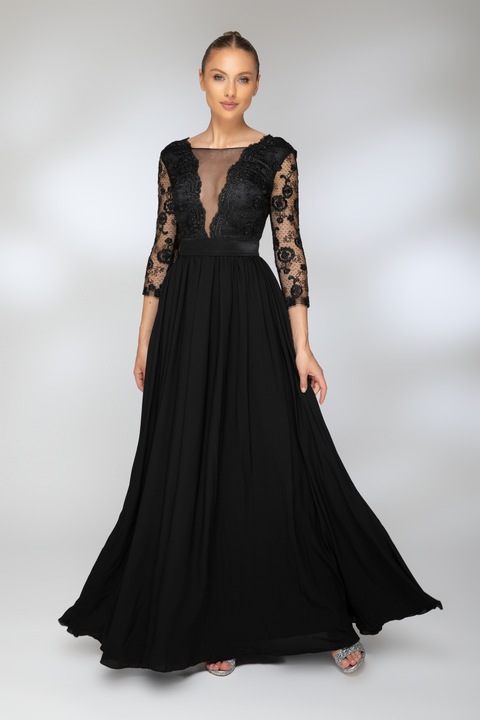 Дълга черна рокля с дантелен бюст, Rn 2107n NY