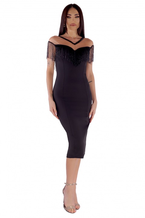 Rochie midi neagra cu franjuri bust, RN 2620n
