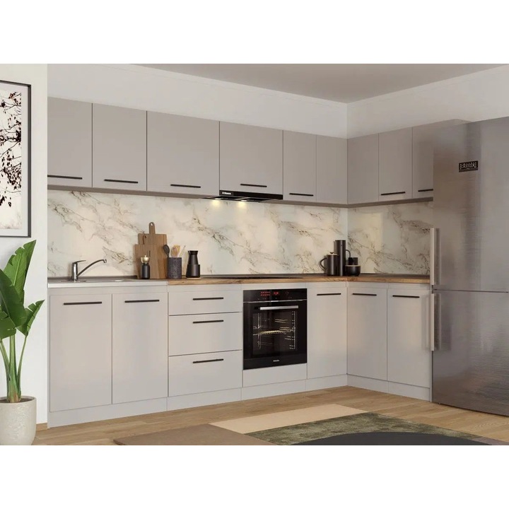 Set Mobila Bucatarie, Colt Linea 300/140cm, Casmir, C18, Pal Melaminat