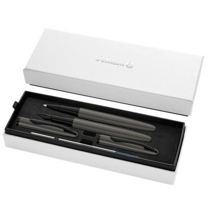 Set instrumente de scris premium Pelikan Jazz Noble Stone, stilou cu varf M, pix cu cartus, metal reciclat