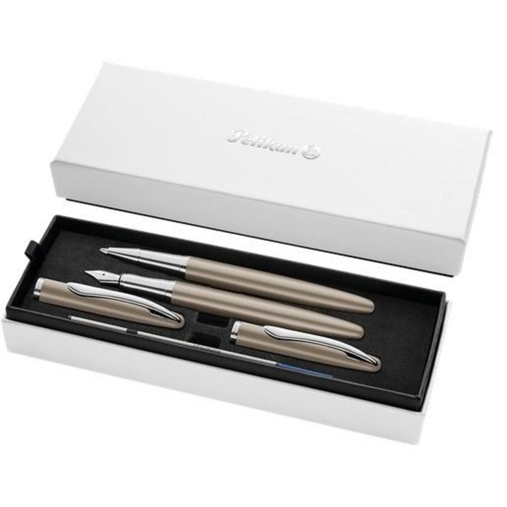 Set instrumente de scris premium Pelikan Jazz Noble Taupe, stilou cu varf M, pix cu cartuse, metal reciclat
