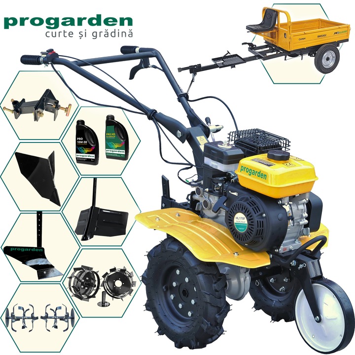 Motocultor ProGARDEN Campo 703 7CP + Remorca RM500C + Plug simplu + 2xPlug bilonat/rarita + Adaptor + 2 Roti metalice 350x6 + 2L Ulei