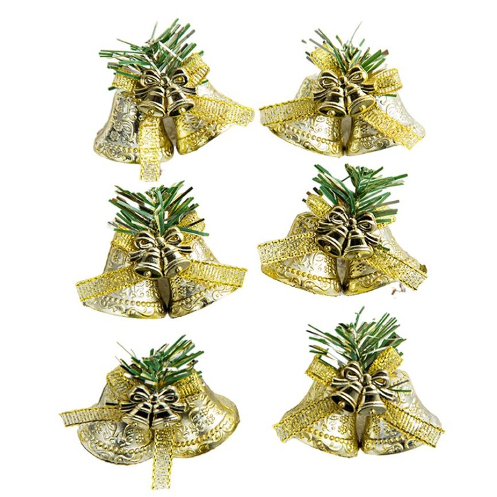 Set 6 Globuri Clopotei, AlisVas-store, Aurii, 5cm din Plastic