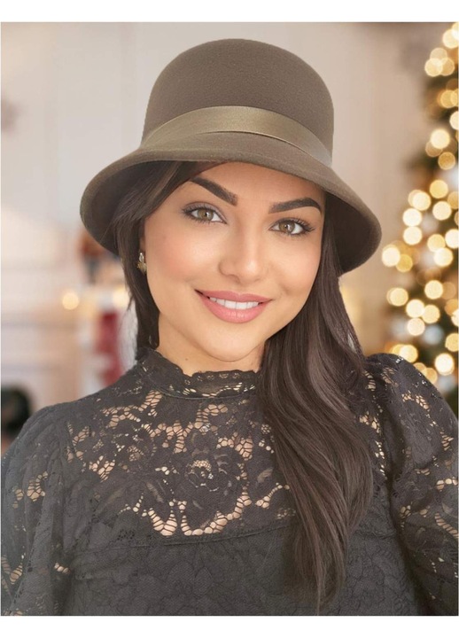 Palarie dama lux cu boruri mici Confortino Paris – Fetru italian 100% lana, Kaki, Marime Unica, Reglabila – Fabricata in Romania